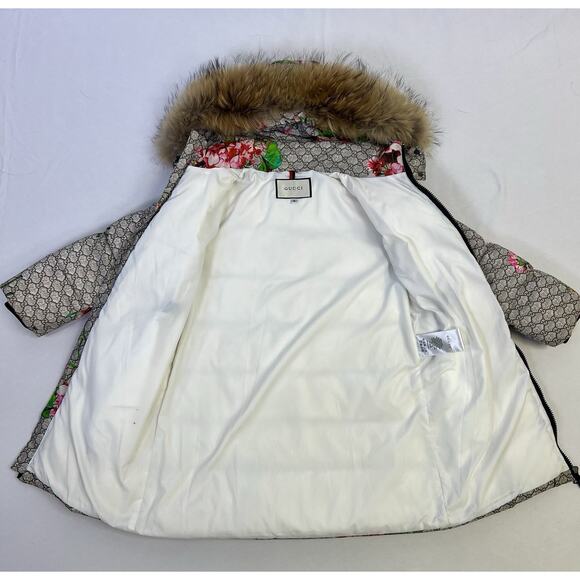 Girls Down Puffer Jacket Brown Floral Removable Hood Fur Trim Sz 8 - Picture 12 of 16